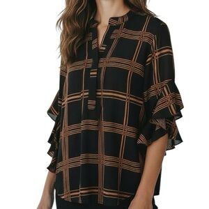NWT VINCE CAMUTO Black Plaid Ruffle 3/4 Sleeve V-Neck Blouse Size Medium